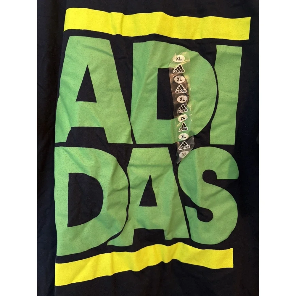 Adidas Shirt Men XL Navy Blue Crew Tee Spell Out Chest Hit Logo Go To Tee